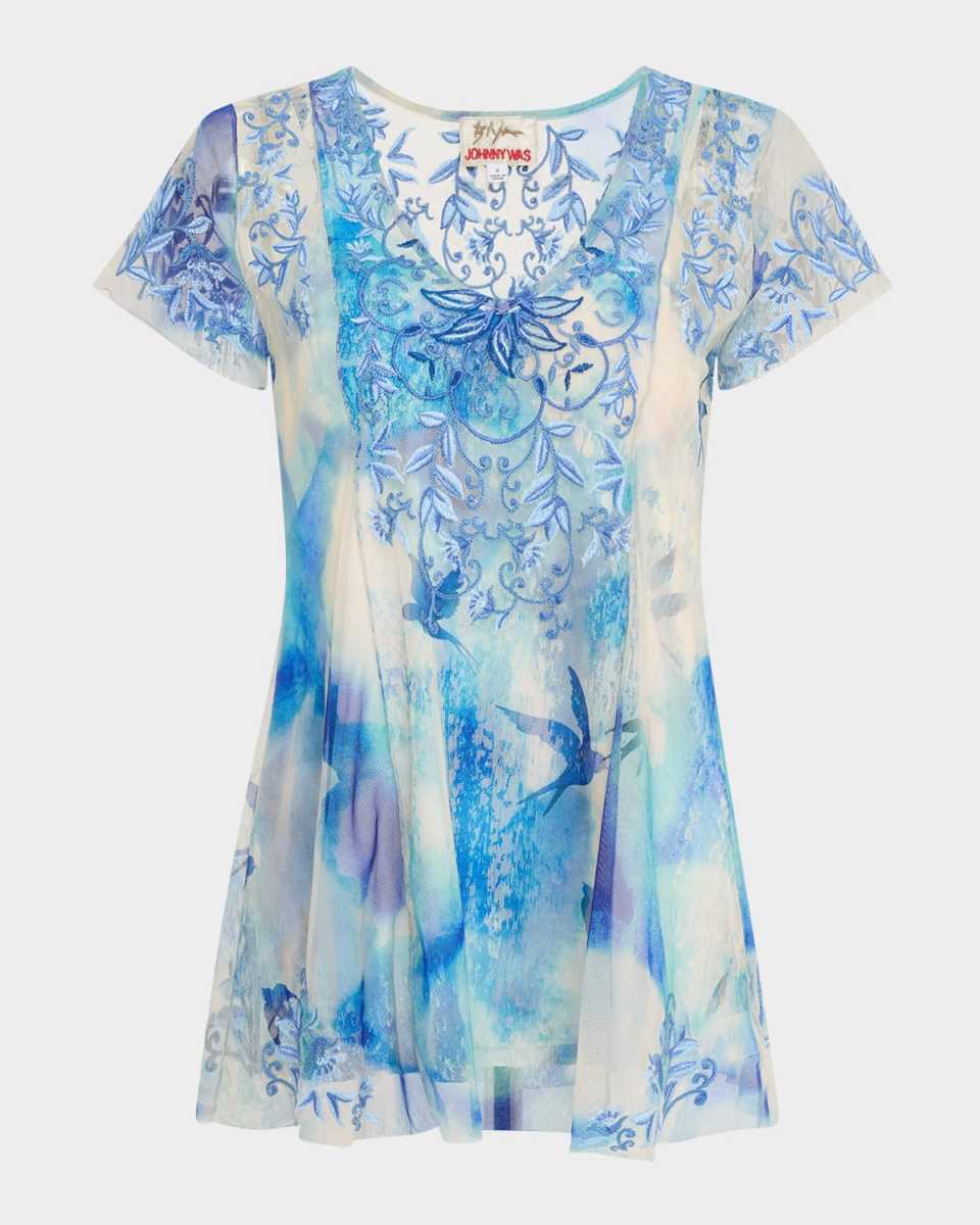 Lisette Embroidered Bird-Print Mesh Blous